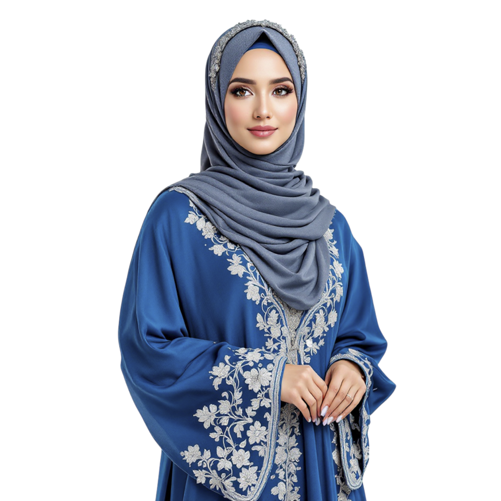A woman in blue hijab and white embroidered dress png