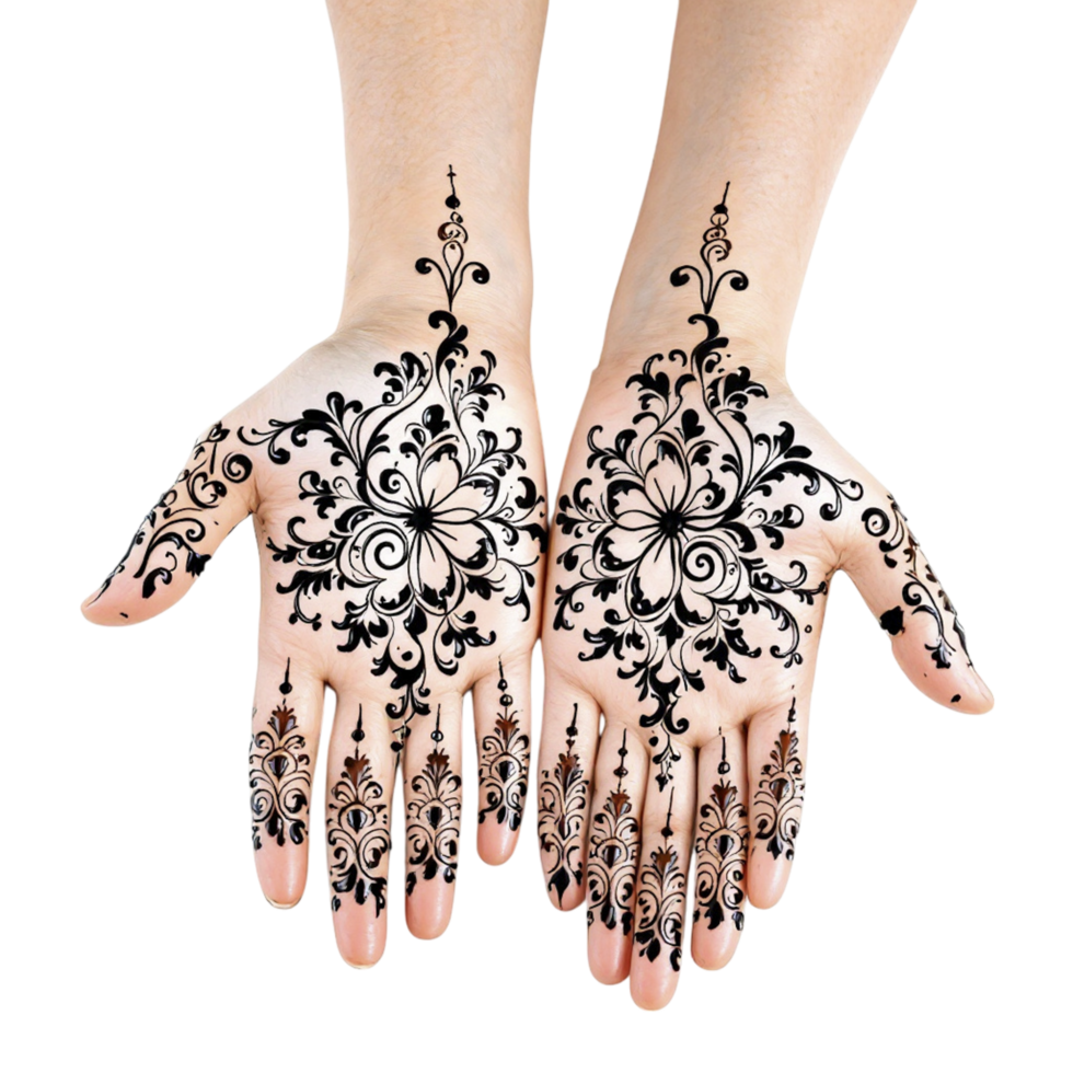 Two hands with black henna designs on them png