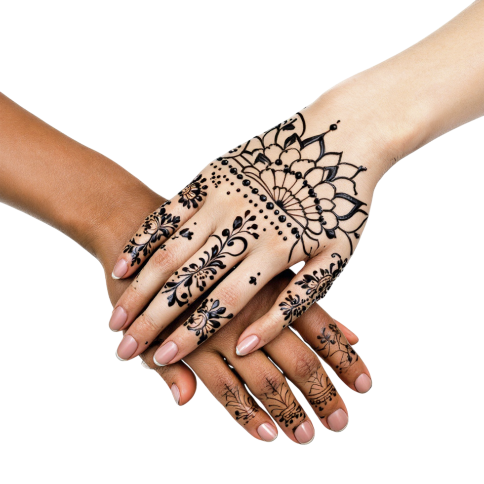 Hands of two women with henna tattoos png