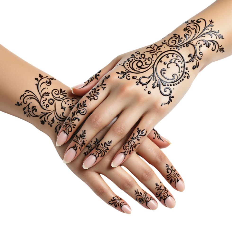 Hands with henna tattoo on black background png