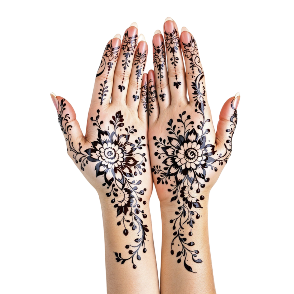 Two hands with henna designs on them png