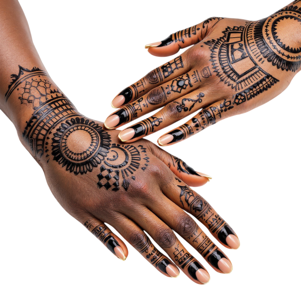Hands with henna tattoos on black background png