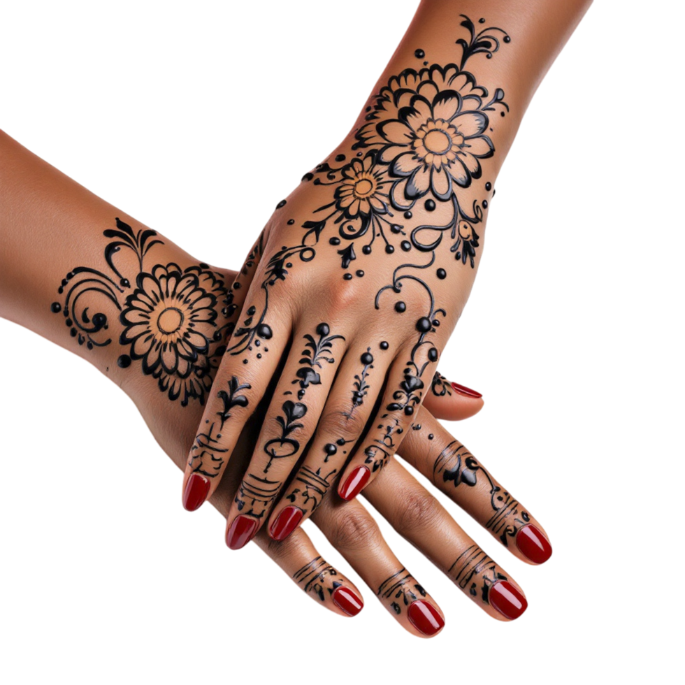 Hands with henna tattoo on black background png
