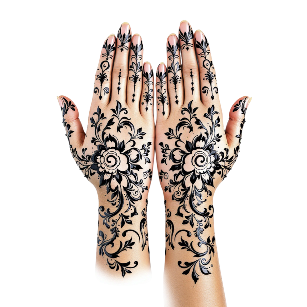 Two hands with black henna designs on them png