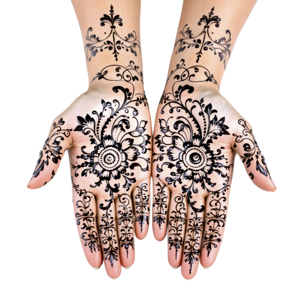 Two hands with black henna designs on them png