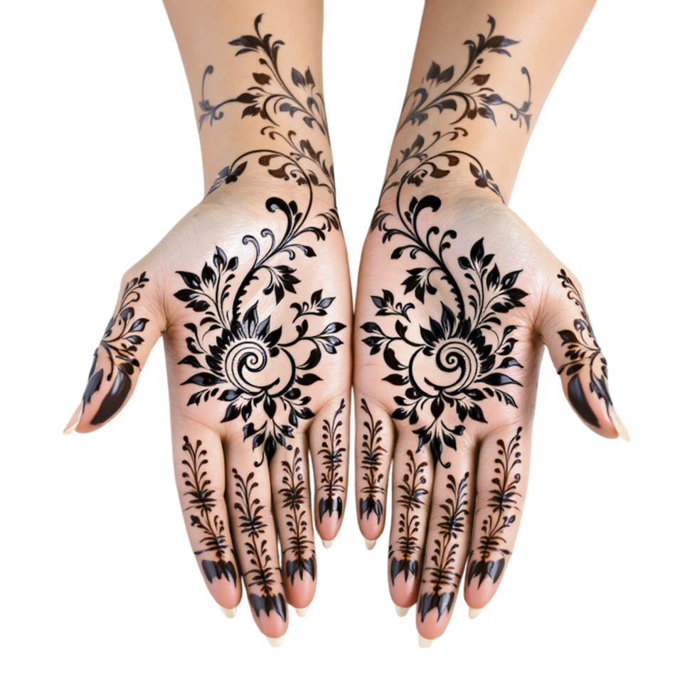 Two hands with black henna designs on them png