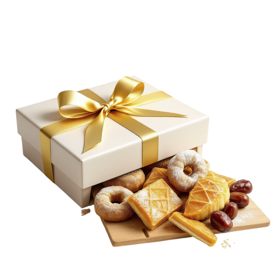 A box with various pastries and a golden ribbon png