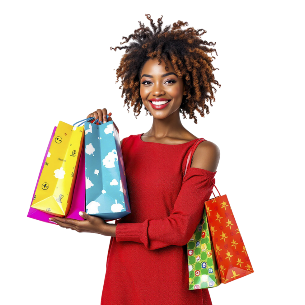 A beautiful african american woman holding shopping bags png