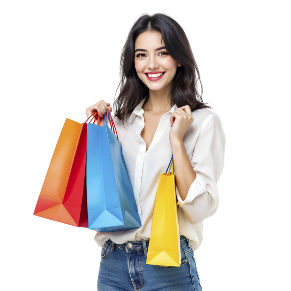 A woman holding shopping bags and smiling png