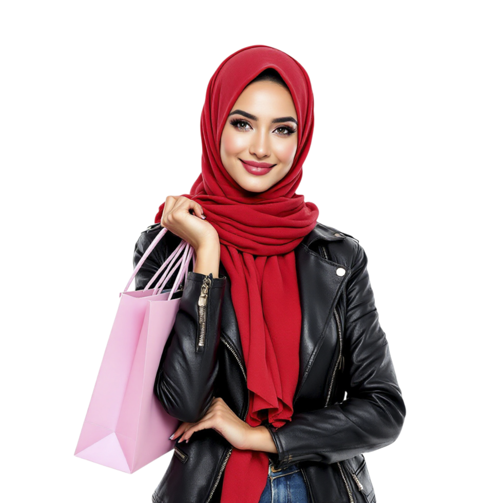 Beautiful young woman in hijab holding shopping bags png