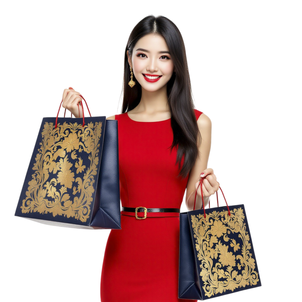 Beautiful asian woman in red dress holding two shopping bags png
