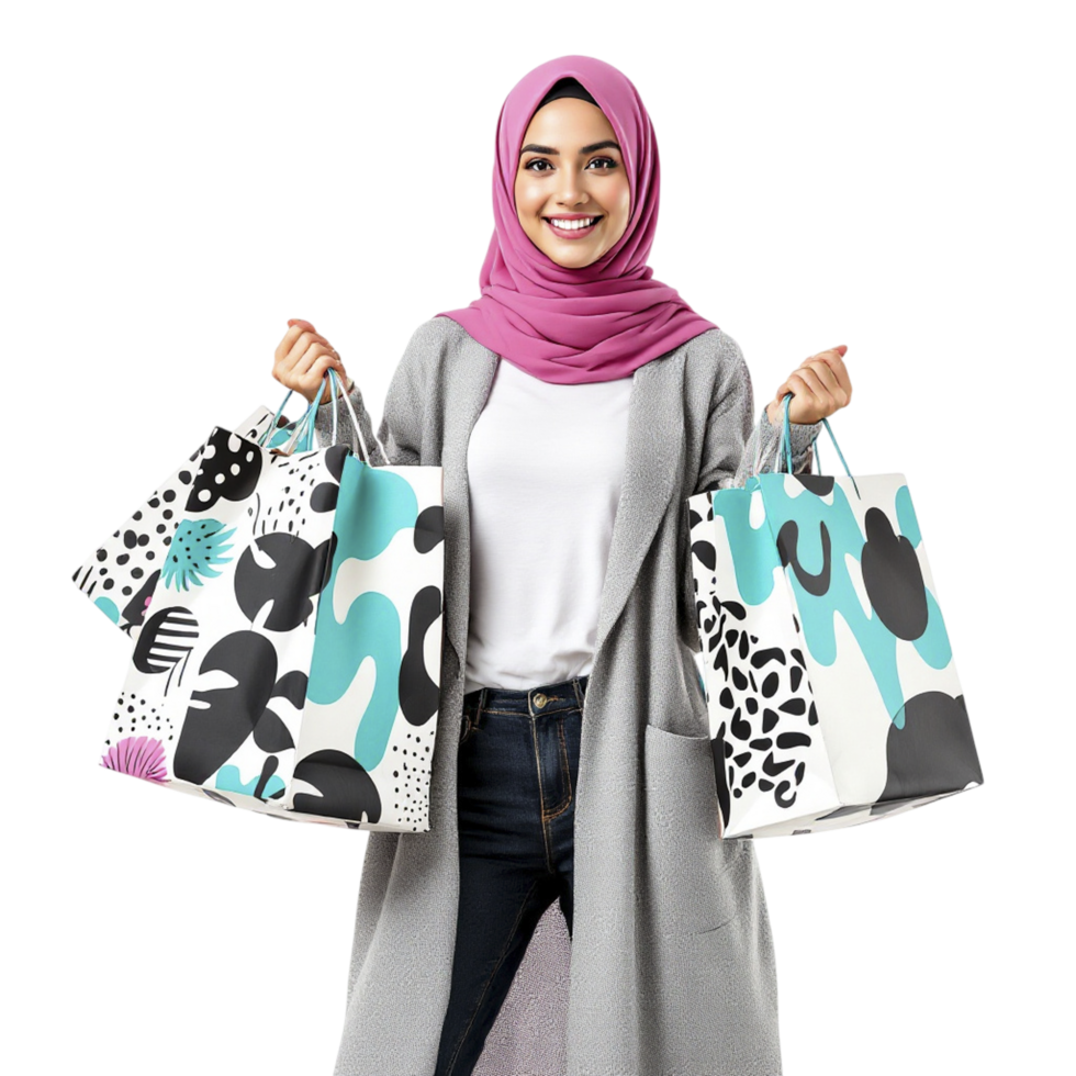 A woman wearing a hijab holding shopping bags png