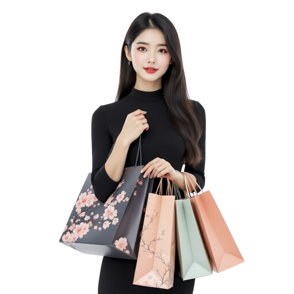 Asian woman holding shopping bags png
