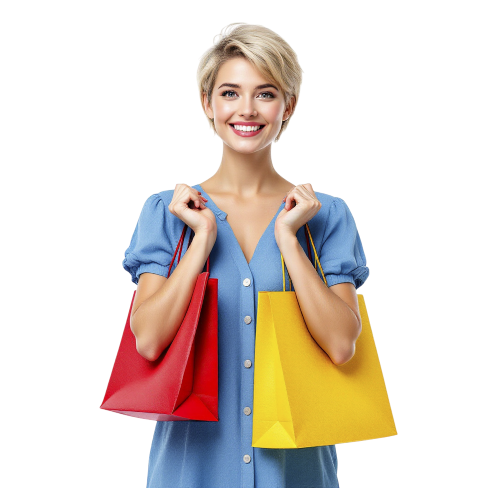 A woman holding two shopping bags png