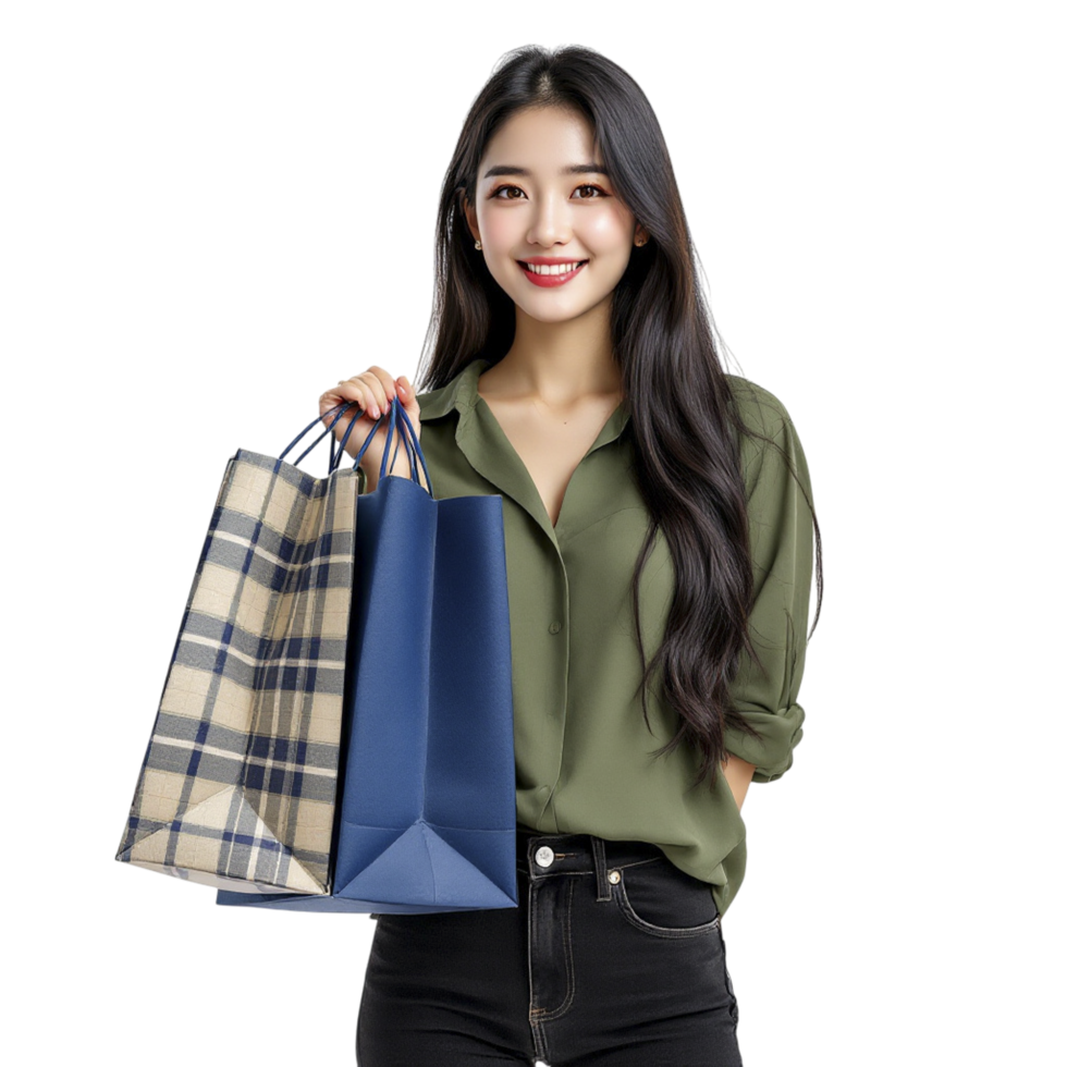 Asian woman holding shopping bags png
