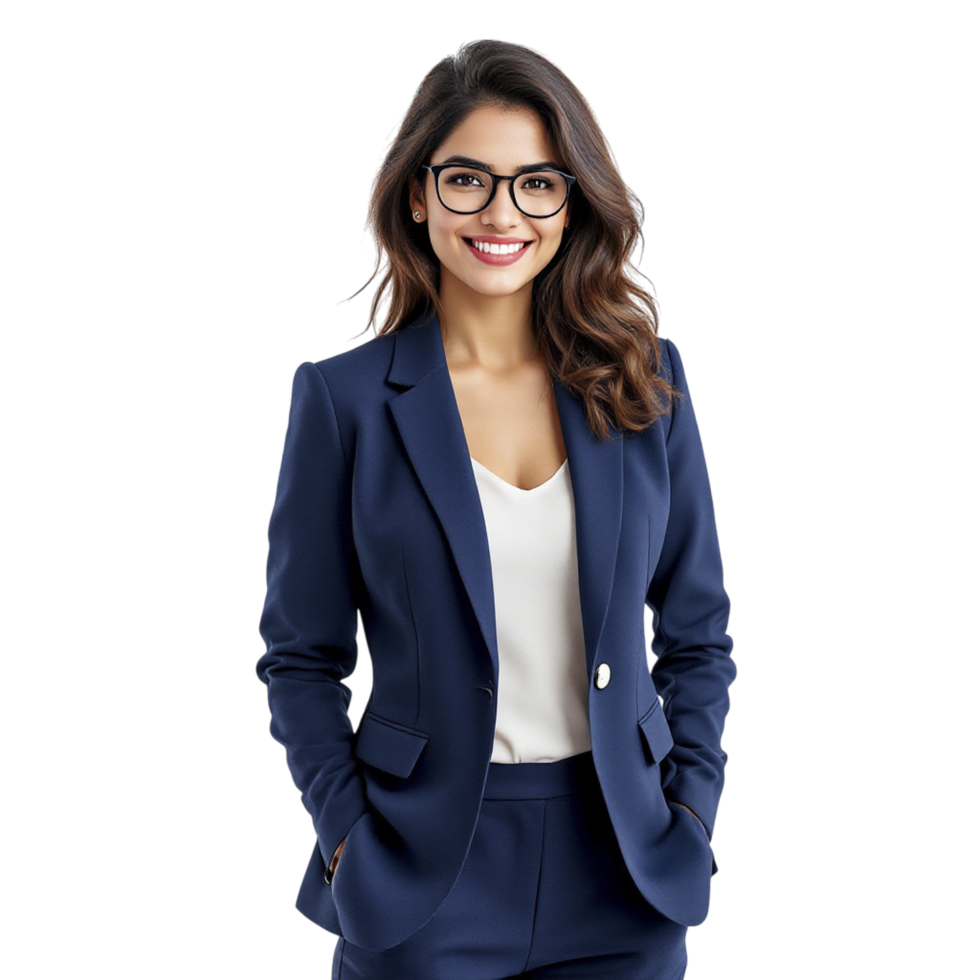 A beautiful woman in a blue suit and glasses png