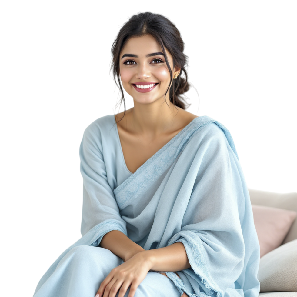 A woman in a blue sari sitting on a couch png