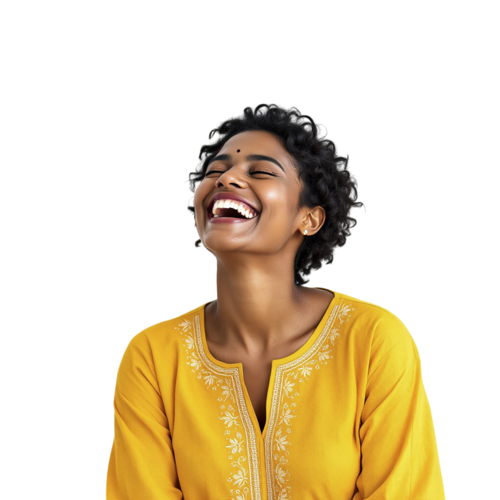 A woman laughing in a yellow shirt png