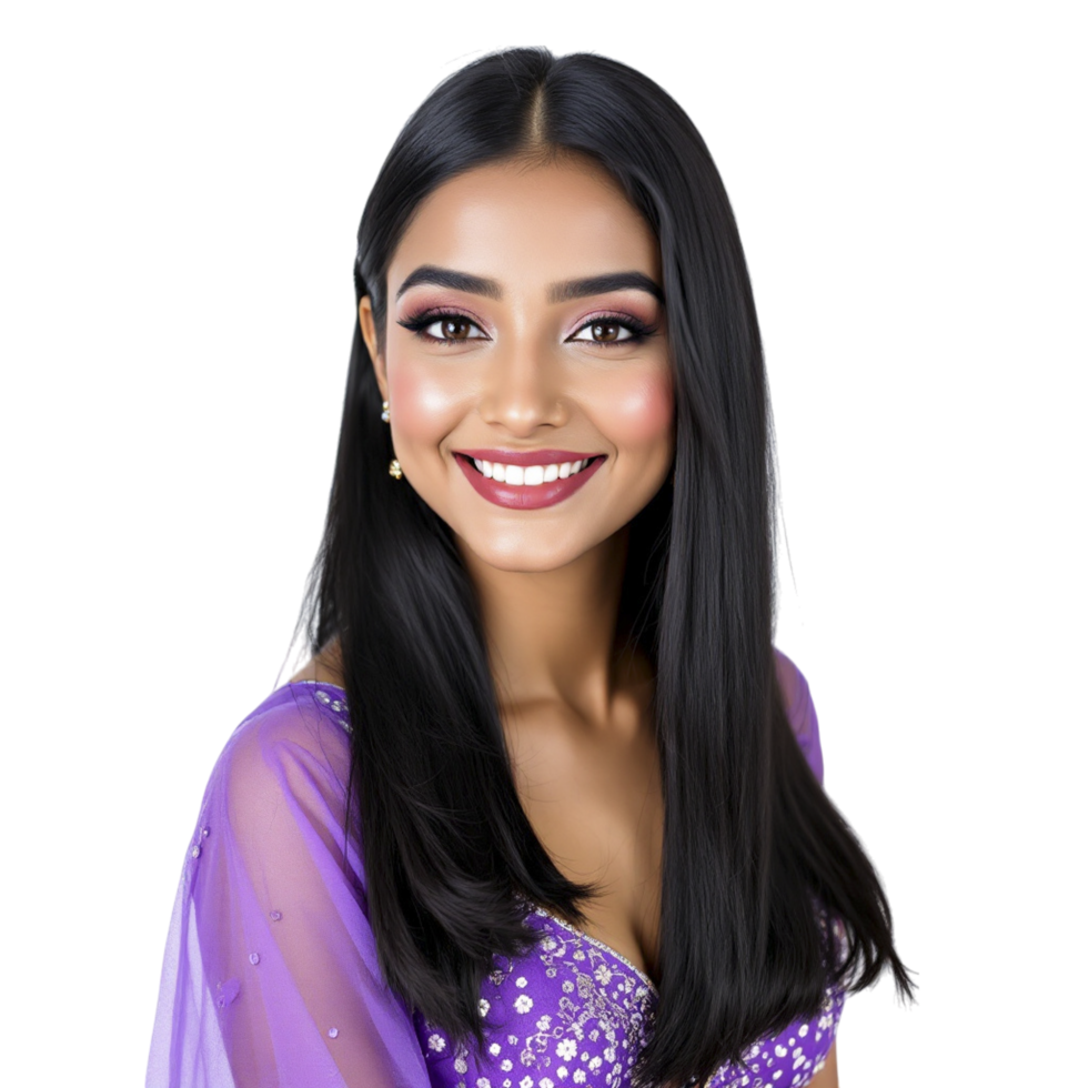 A beautiful young woman in a purple dress smiling png
