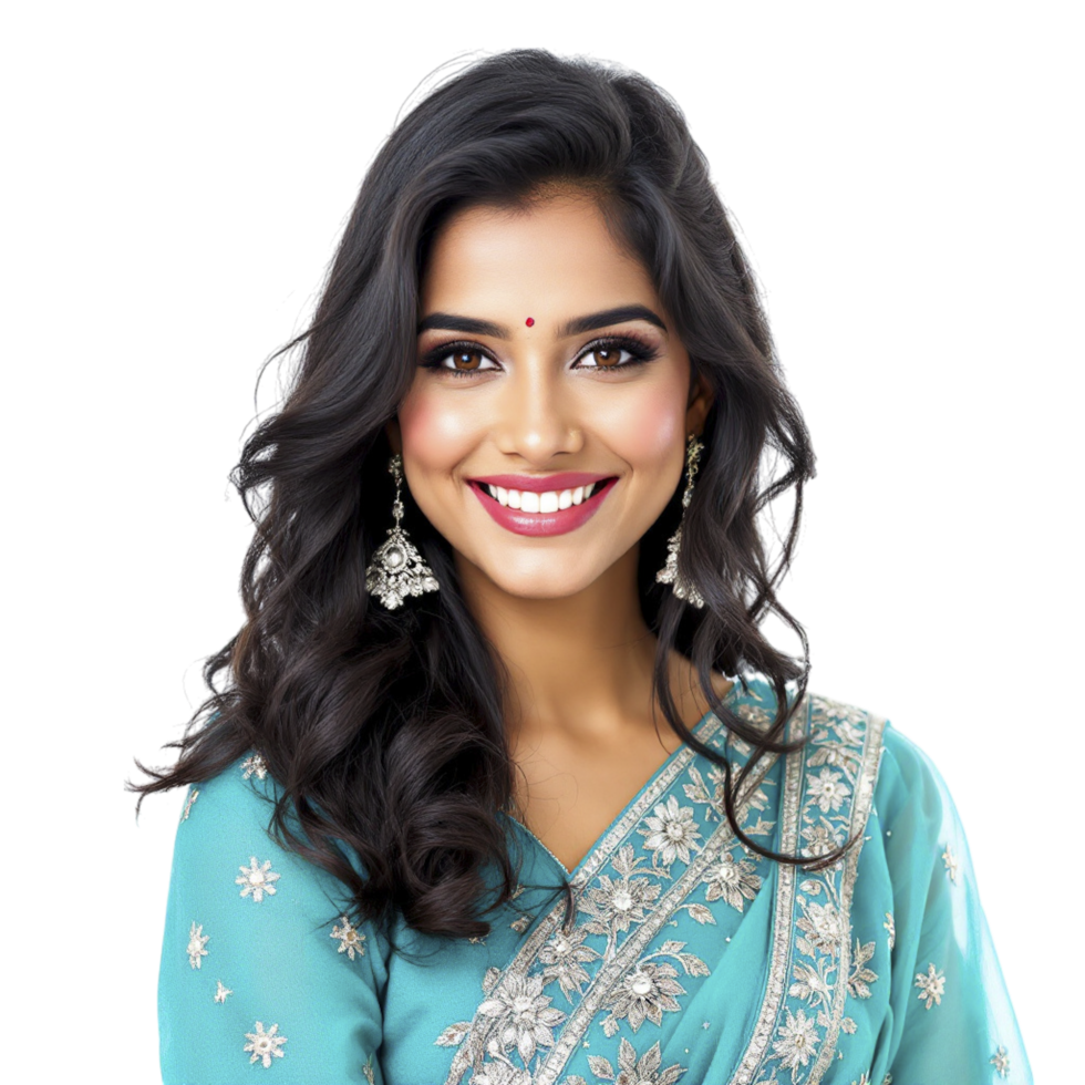 Beautiful indian woman smiling in a blue sari png