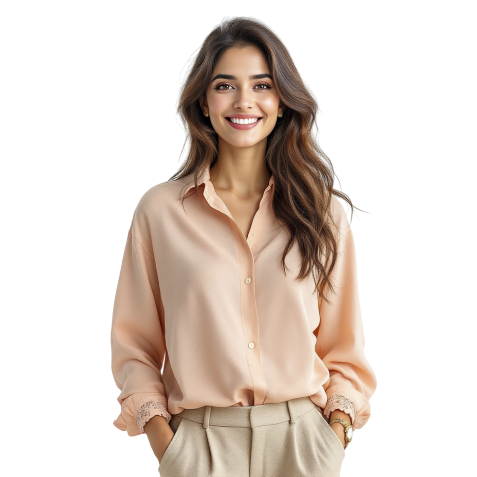 Woman in peach blouse and tan pants png