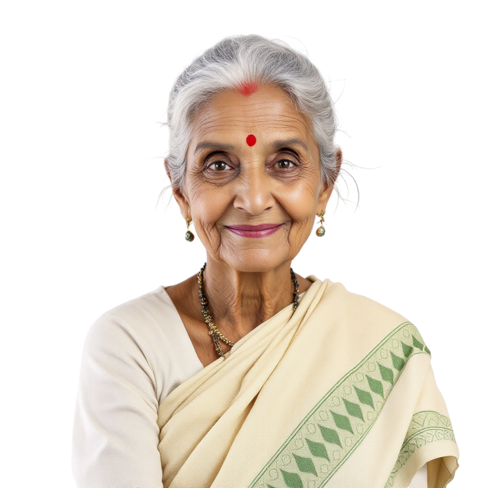 An old indian woman with a smile on her face png