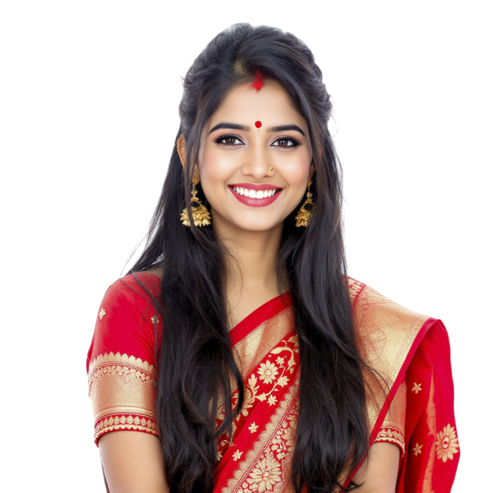 A woman in a red sari smiling png