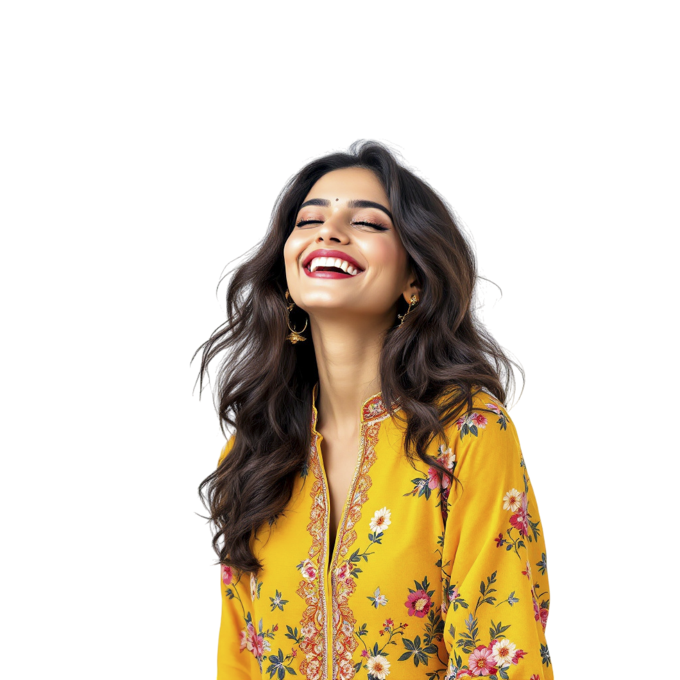 A woman in yellow dress laughing and smiling png