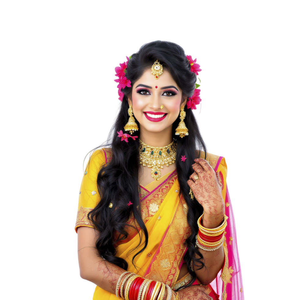 Beautiful indian bride in yellow sari png