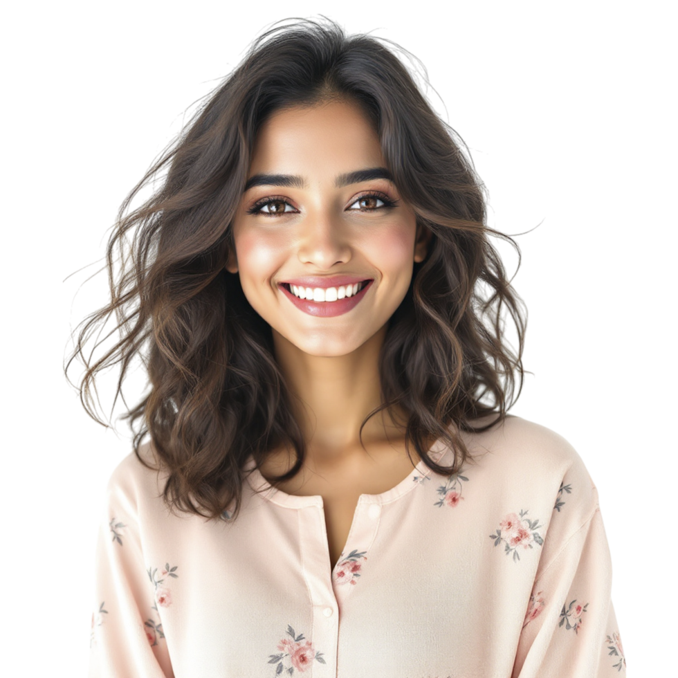 Smiling woman with long hair and pink shirt png