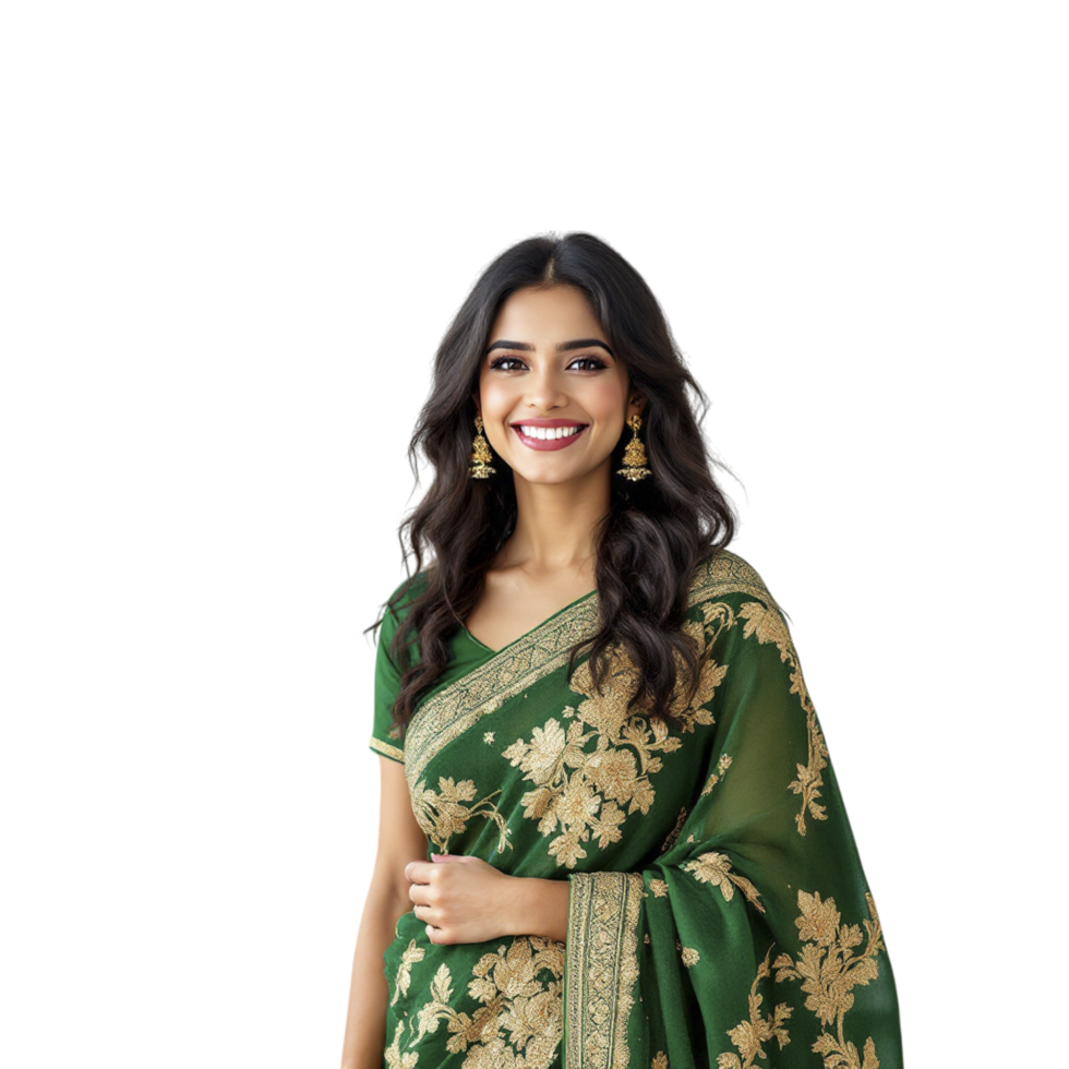 Green embroidered saree with golden border png
