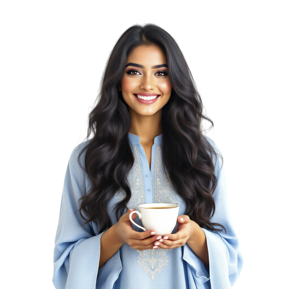 A beautiful woman in a blue dress holding a cup of coffee png