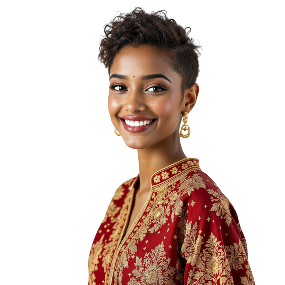 A smiling woman in a red and gold dress png