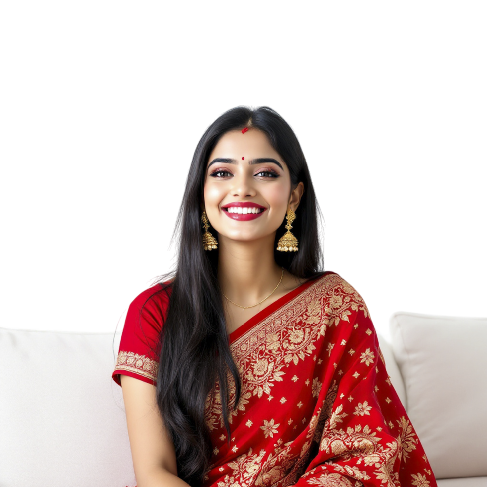 A woman in a red sari sitting on a couch png