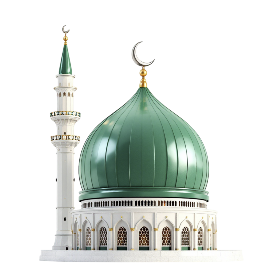 A green and white mosque with a crescent moon on top png