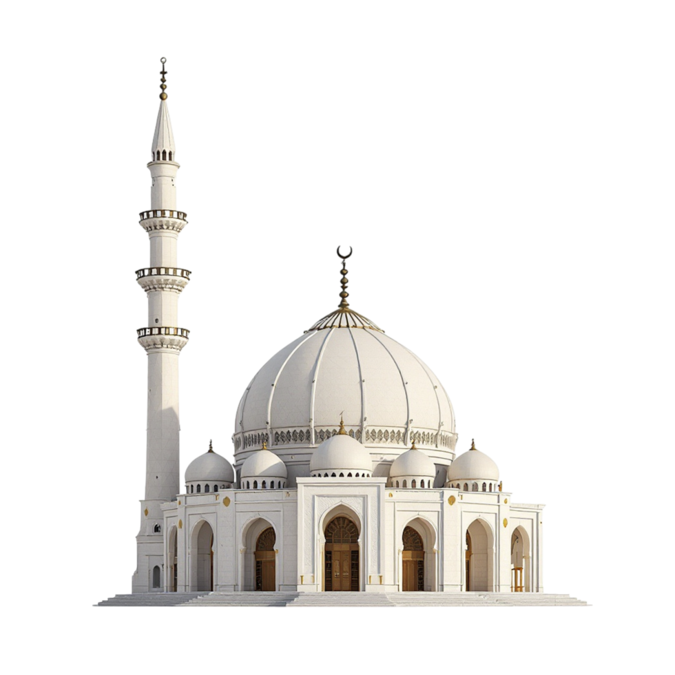A white mosque with a large dome and two minarets png