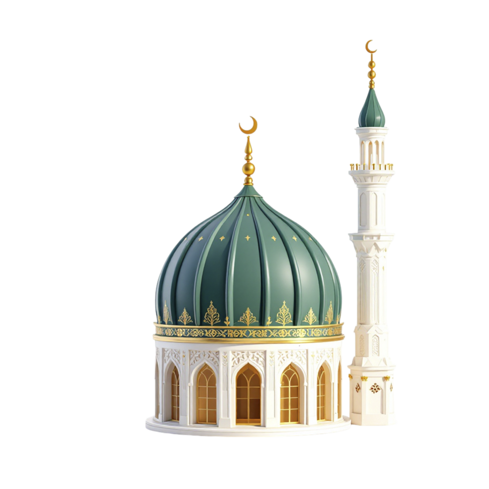 A white and green mosque with a dome png
