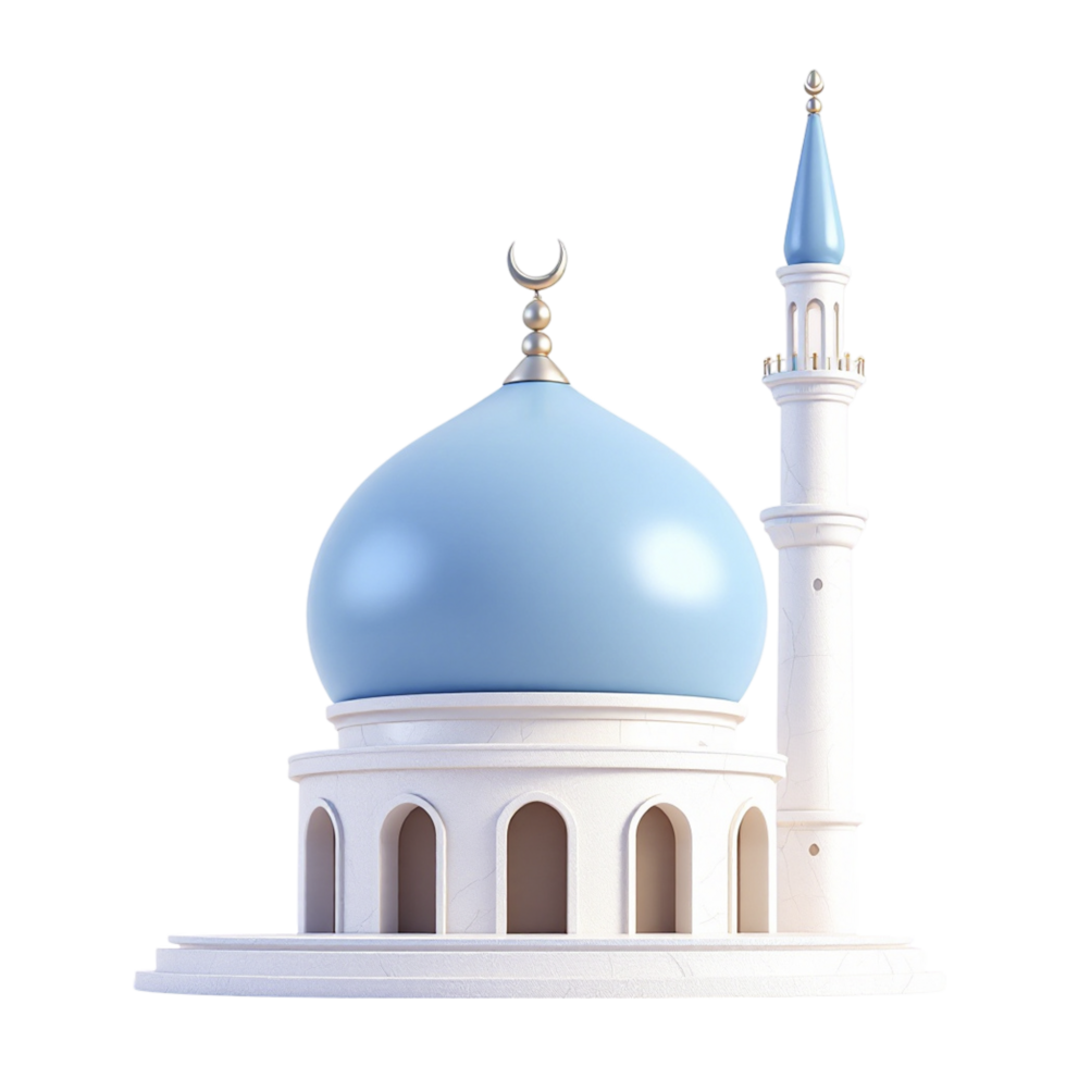 A blue mosque with a white dome and a minaret png