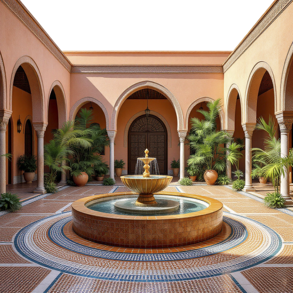 A courtyard with a fountain and palm trees png