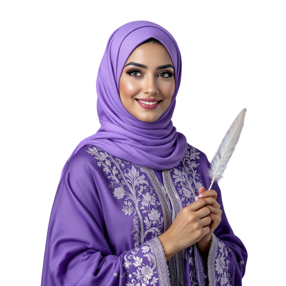 Beautiful muslim woman in purple hijab holding a feather png