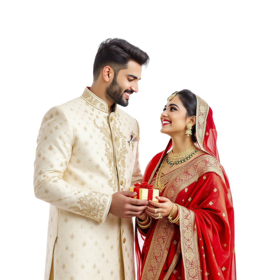Indian couple in traditional attire holding a gift png