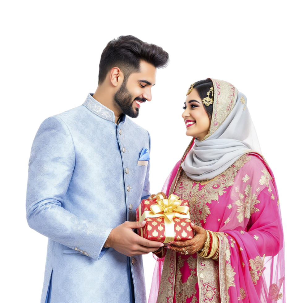 A man and a woman in traditional attire are holding a gift box png