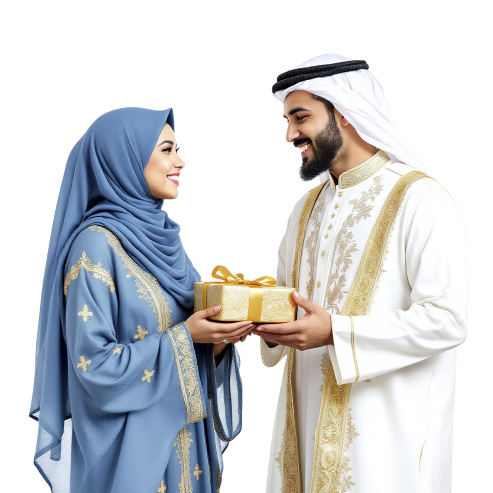 Arabic couple in traditional clothing holding a gift box png