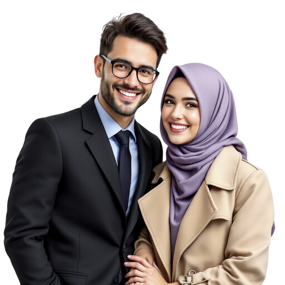 A young man and woman wearing hijab posing for a photo png