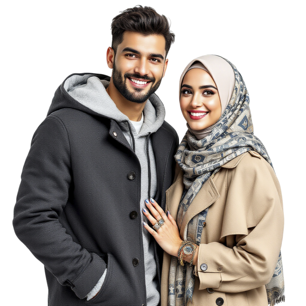 A young couple in a hijab pose for a photo png