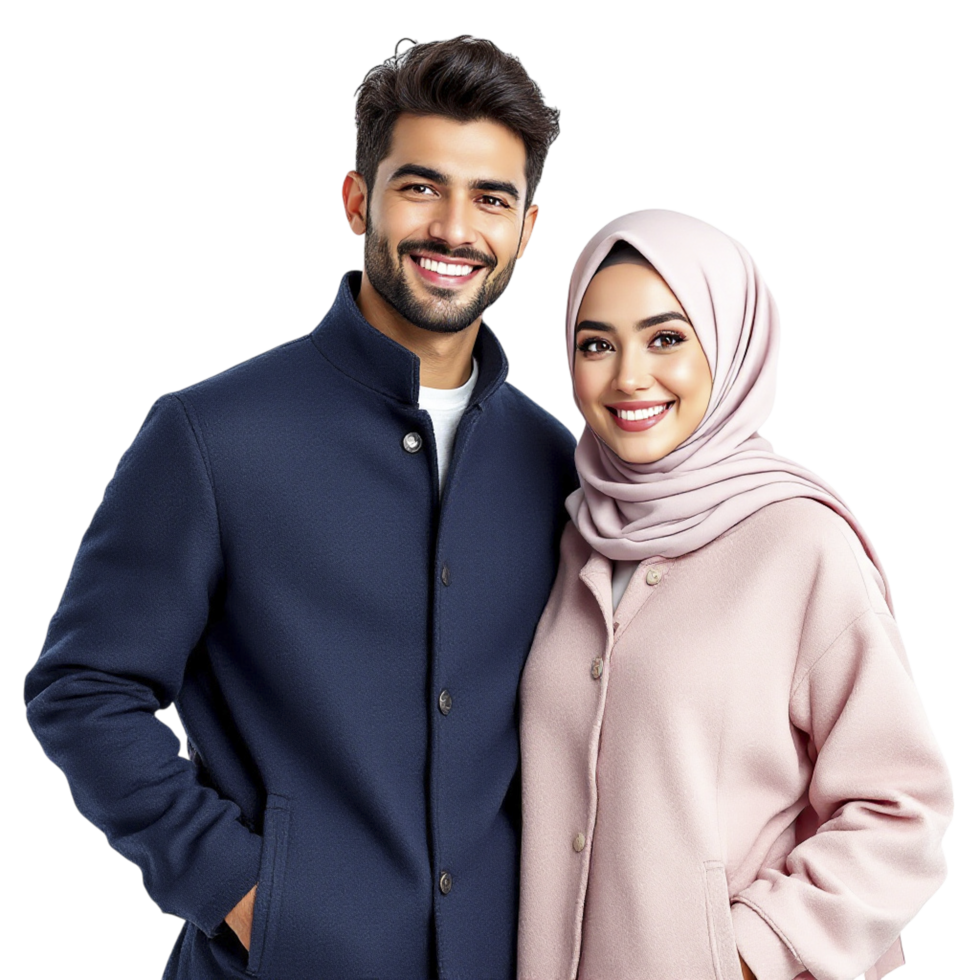 A young man and woman wearing hijab posing for a photo png