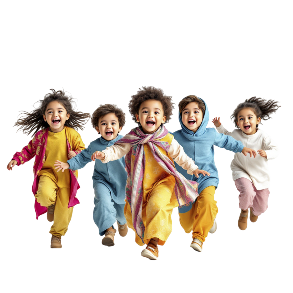 Group of children running in colorful clothes png