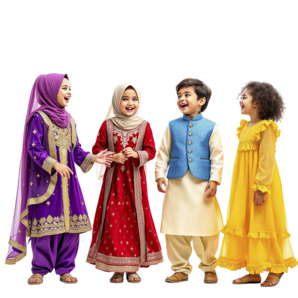 Four children in colorful clothing standing together png