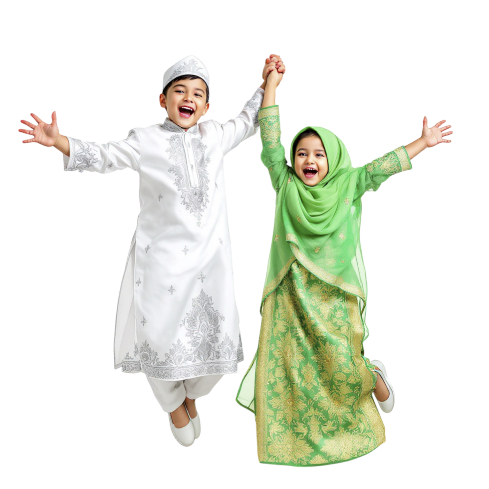 Two children dressed in traditional clothing jumping in the air png