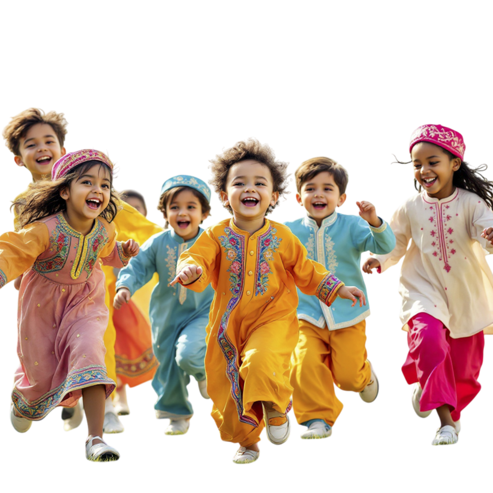 A group of children in colorful clothing running together png